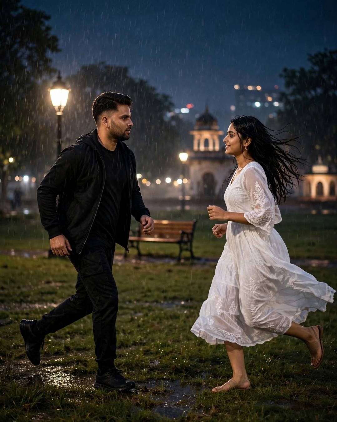Couple running toward each other across a rainy park at night, heritage pavilion and lamp behind