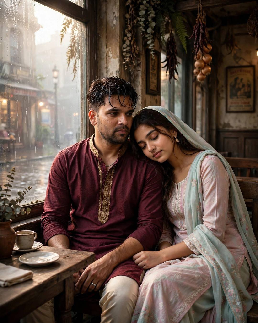 Couple resting together at a rain-streaked cafe window, maroon kurta and pastel salwar kameez