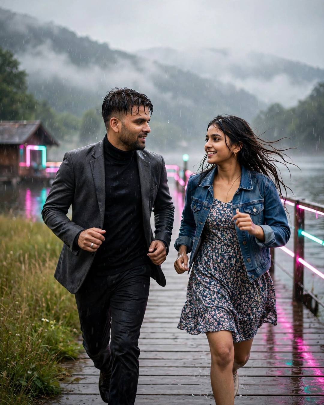 Couple running along a neon-lit lake pier in the rain, pink and cyan reflections on wet wood