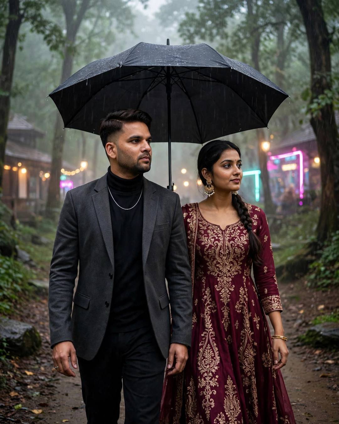 Couple walking under one umbrella on a misty forest path, neon glow through the fog