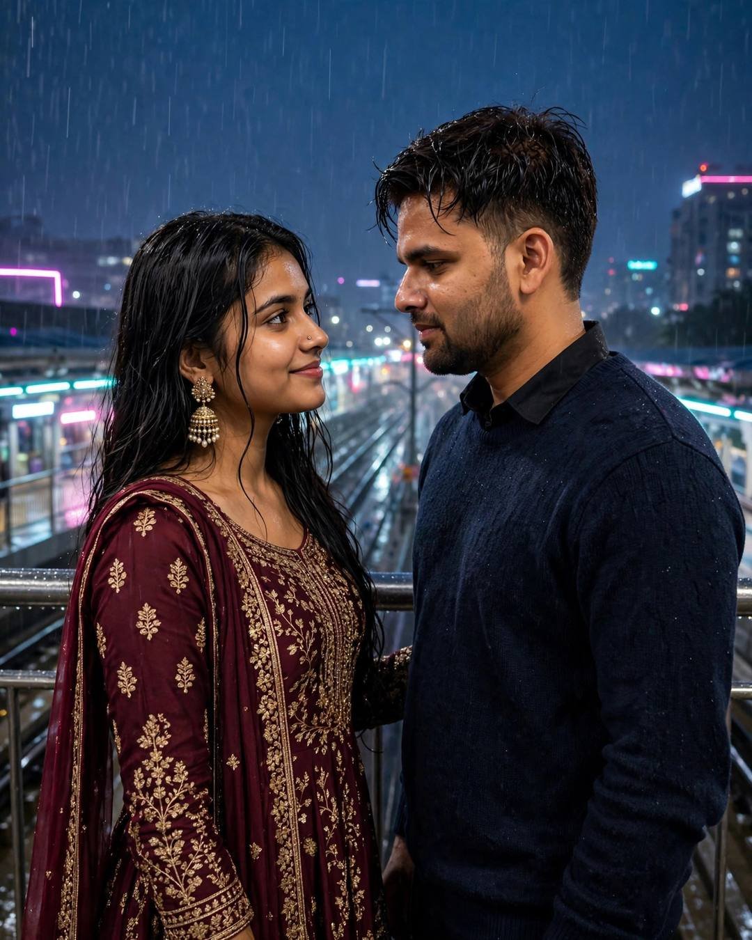Young Indian couple standing on a bridge, looking at each other while the city blurs at the midnight metro station, clear cold night
