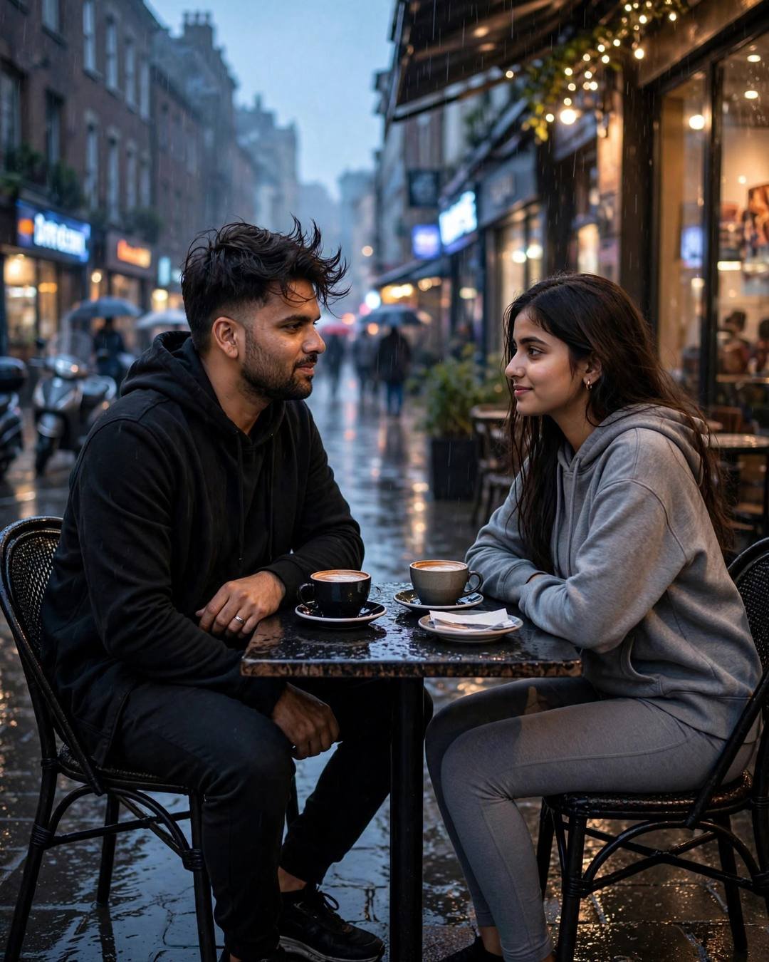 Young Indian couple sitting across a small cafe table, hands almost touching over cups at the rain-soaked city street, post-rain wet streets