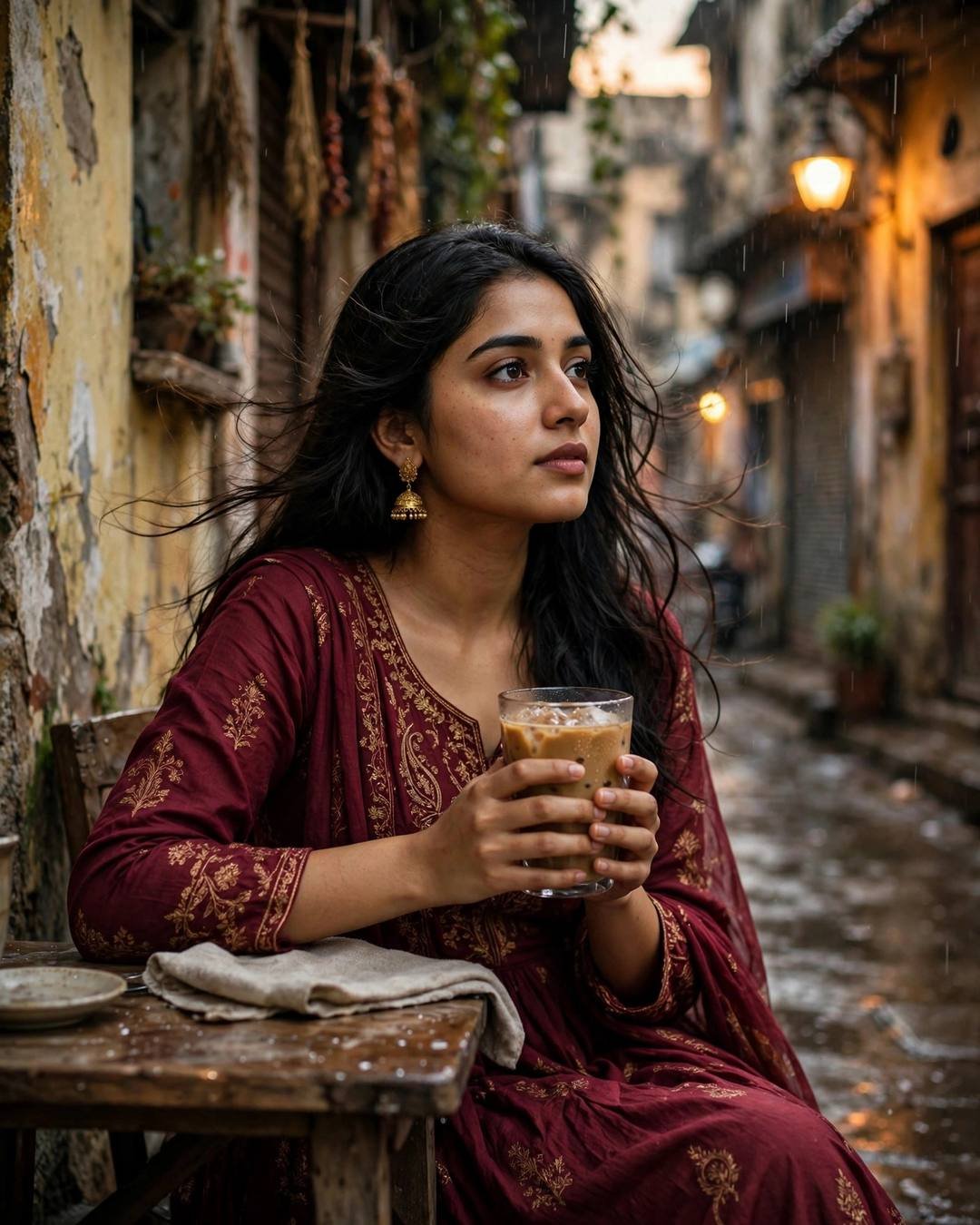 Young Indian woman sitting at a cafe table, cradling a cold coffee, lost in thought at the narrow old-city lane with peeling walls, drizzle
