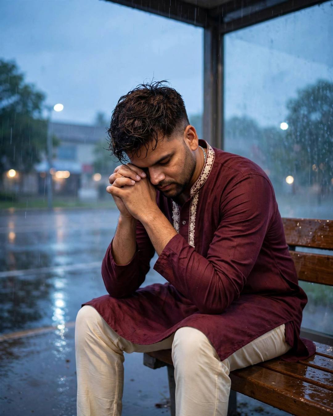 Young Indian man in maroon kurta with cream churidar sitting on a bus-stop bench in the rain at blue hour, head bowed into his hands