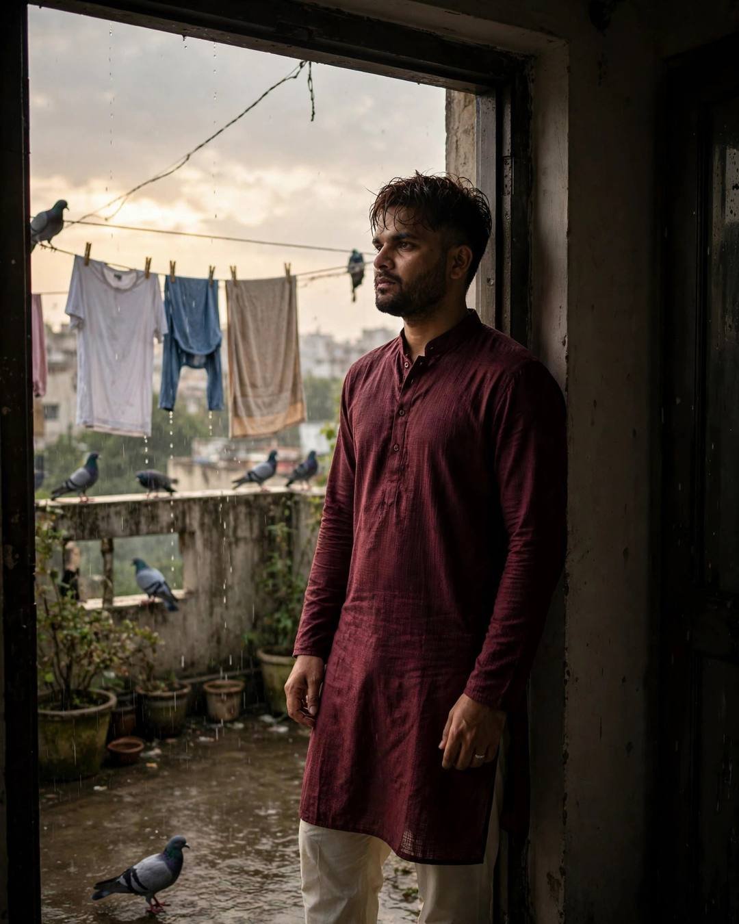 Young Indian man in maroon kurta standing in a terrace doorway in drizzle, pigeons on the ledge and wet laundry on clotheslines