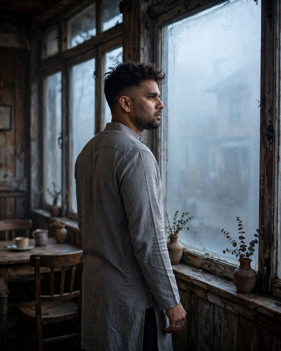 Young Indian man in grey kurta at an old café by a fogged window, looking over his shoulder, dense fog outside