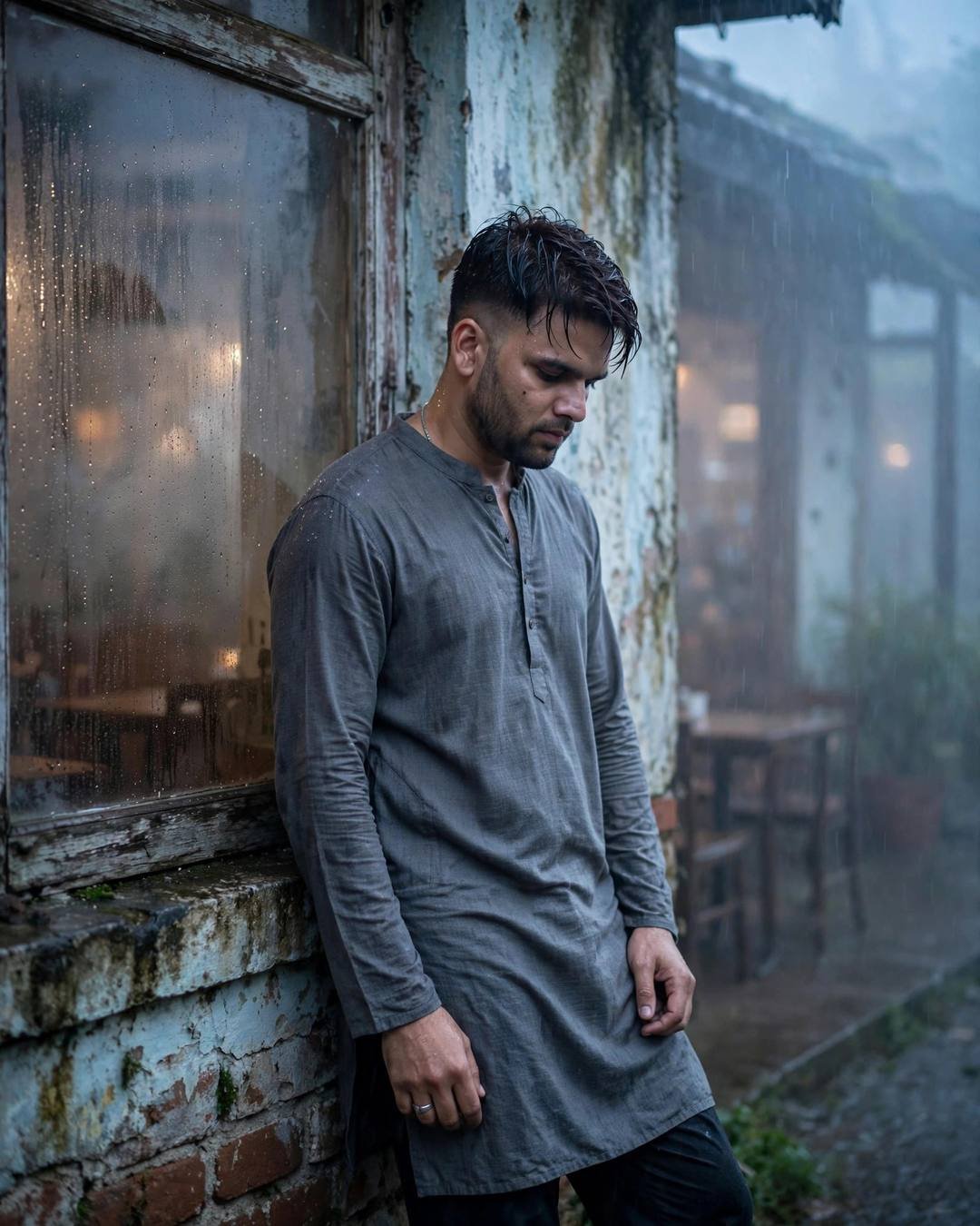 Young Indian man in grey kurta leaning against a weathered café wall with rain-wet hair, head tilted down