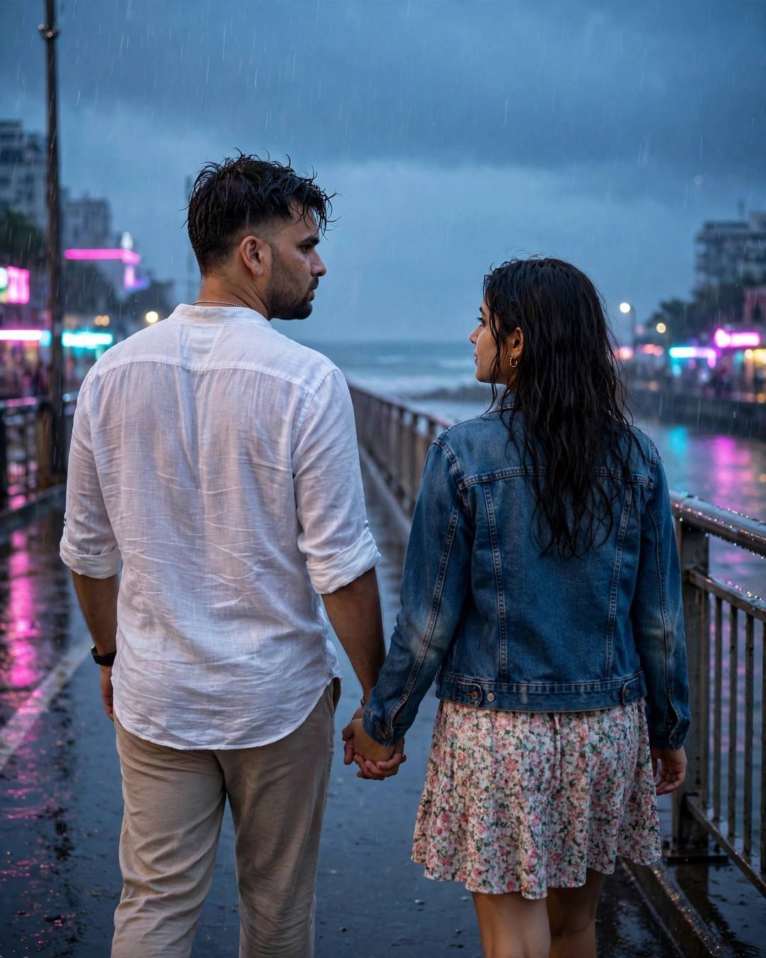 AI portrait of a young couple walking hand in hand away from the camera across a rainy bridge at dusk, neon pink and cyan glowing ahead