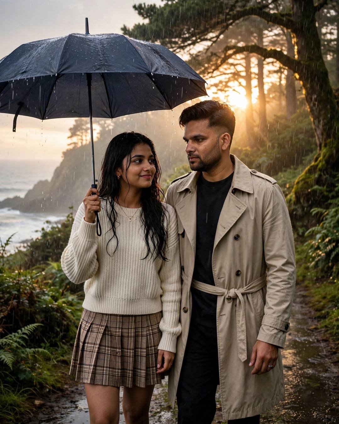 AI portrait of a young couple walking under one umbrella on a misty forest path toward the sea, man in a beige trench coat, woman in a cream knit top, golden rain