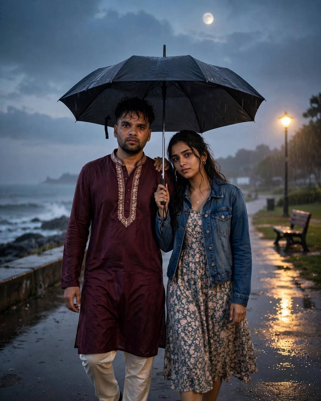 AI portrait of a young couple walking under one umbrella on a moonlit seaside promenade at night, man in a maroon kurta, woman in a denim jacket
