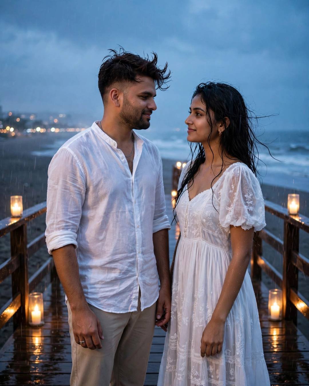 AI portrait of a young couple standing face to face on a candlelit wooden bridge over the sea at dusk, both in white, ocean behind