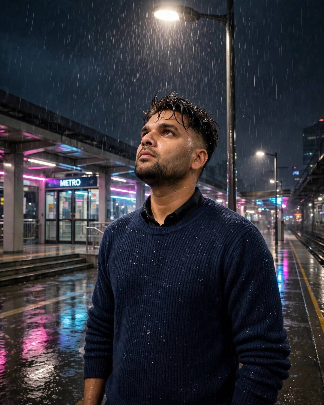 AI portrait of a young man in a navy sweater standing on a rainy metro platform at night, face lifted to the sky, pink and cyan neon glowing