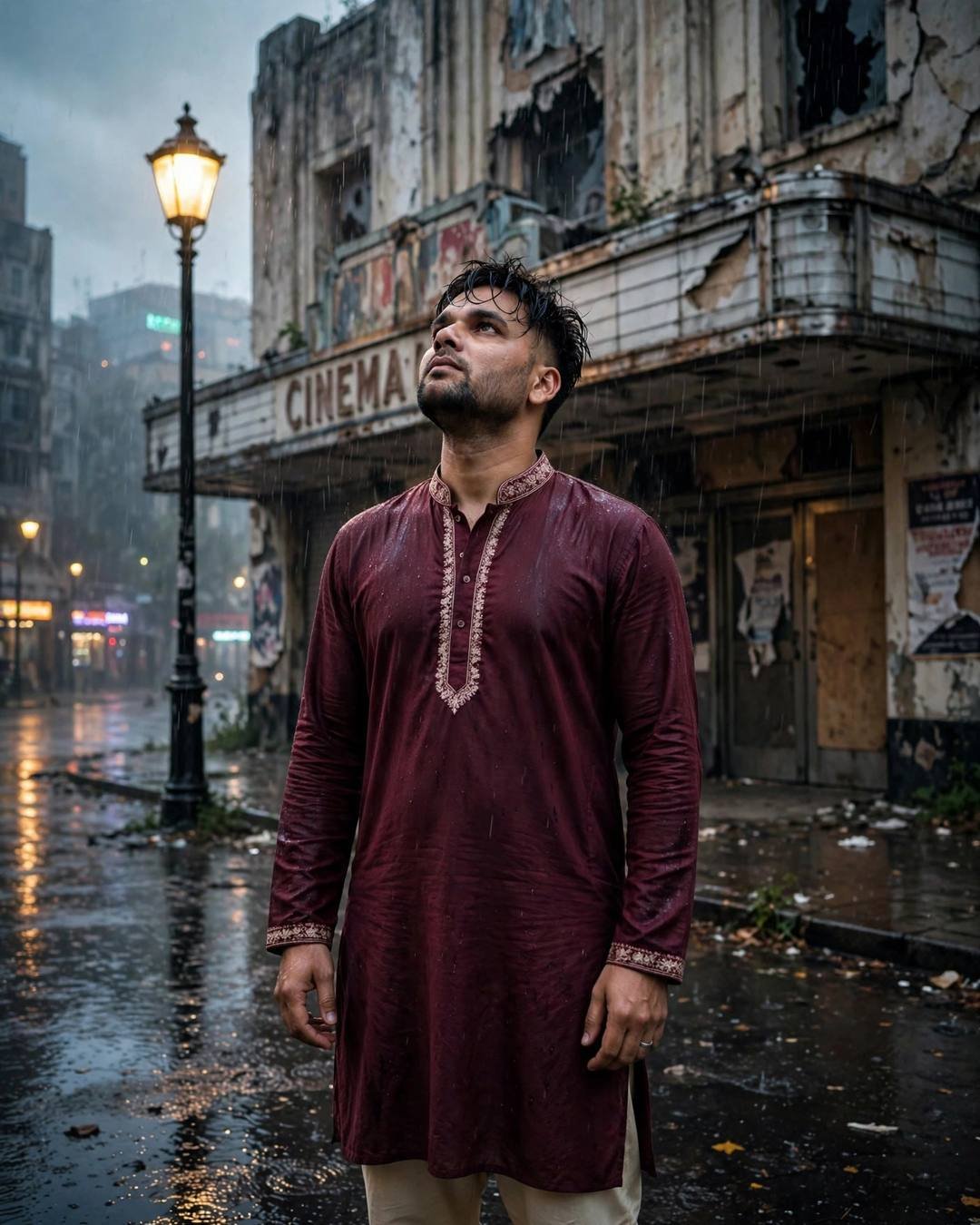 AI portrait of a young man in a maroon kurta standing before an abandoned cinema hall with a faded marquee in the rain, face lifted to the sky