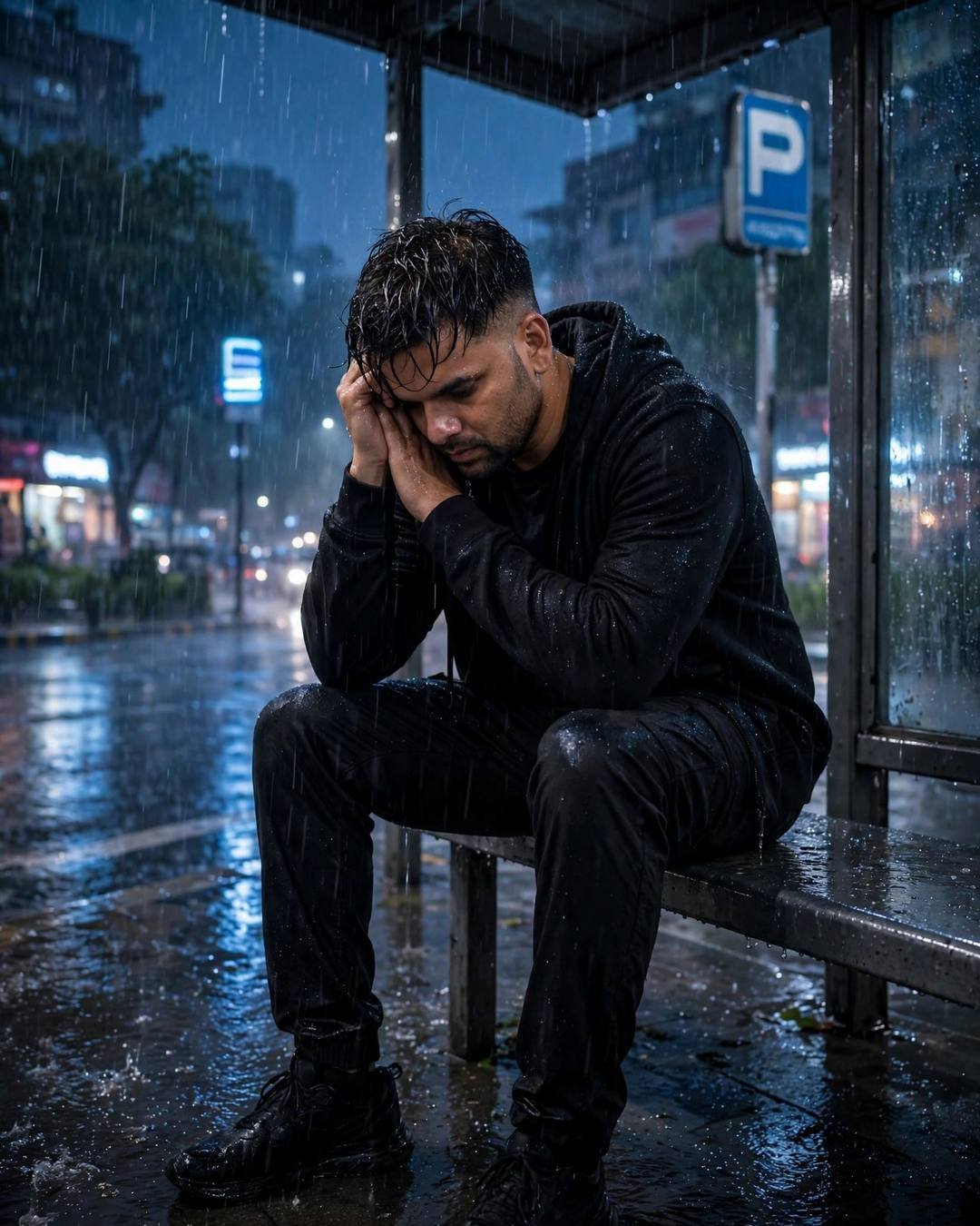 AI portrait of a young man in all-black streetwear sitting at a bus-stop shelter in heavy monsoon rain at midnight, head in hands