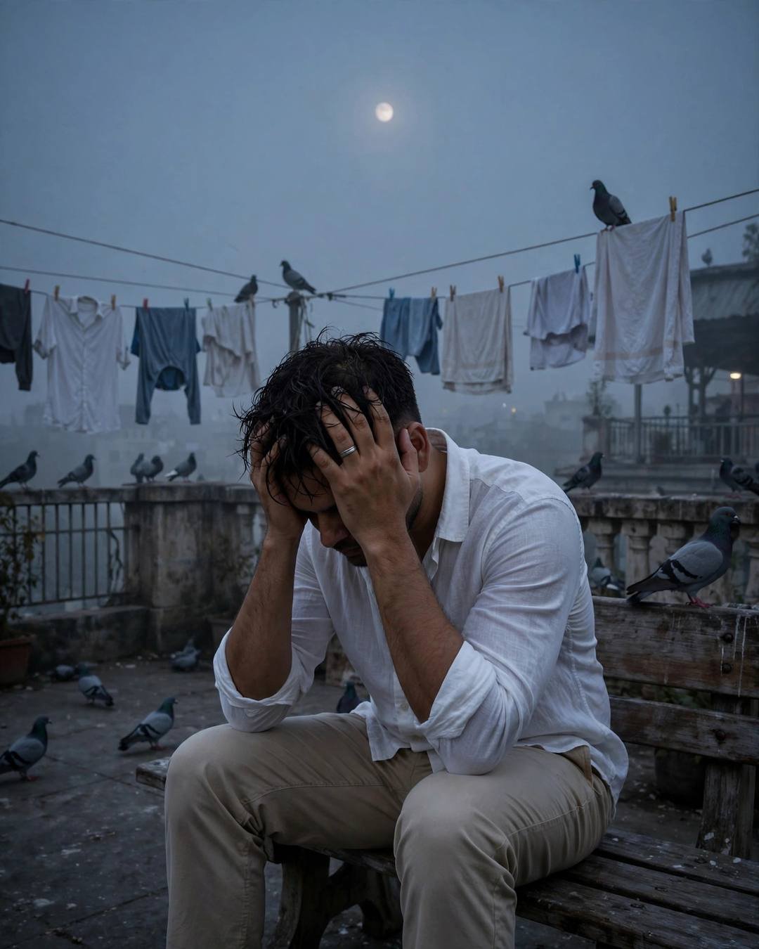 AI portrait of a young man in a white linen shirt sitting on a rooftop bench at night with his head in his hands, clothes lines, pigeons and a fogged moon
