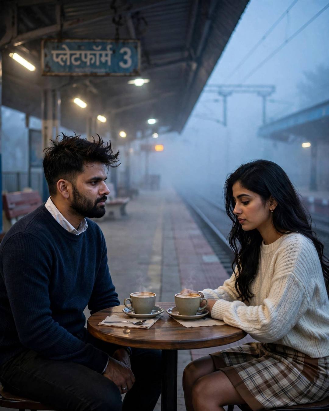 AI-generated cinematic portrait: The last coffee together, both checking the