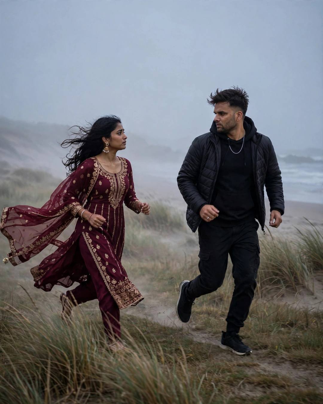 AI-generated cinematic portrait: Her auto pulling away as he stands