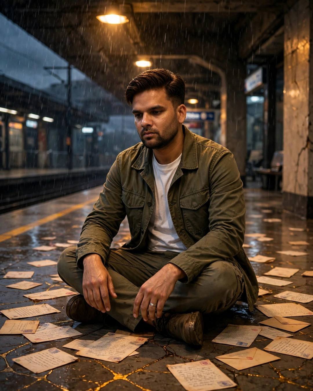 Young Indian man in an olive field jacket sitting cross-legged among scattered old letters on a rainy midnight metro platform, warm sodium lamps glowing in the drizzle
