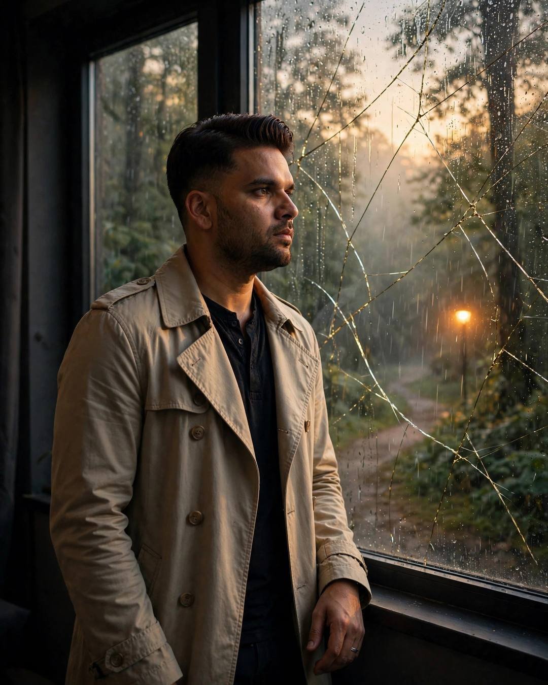 Young Indian man in a beige trench coat standing at a rain-streaked window with gold-filled cracks, gazing out at a misty forest path at golden hour, streetlamp glowing in the mist