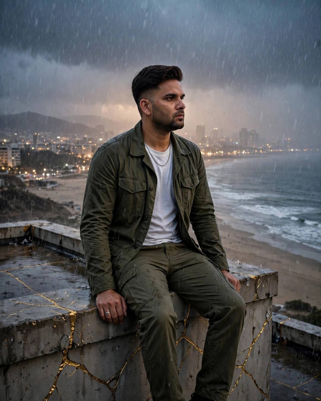 Young Indian man in an olive field jacket sitting on a rooftop ledge in heavy monsoon rain, gazing over a deserted beach at dusk, rain-blurred city glow and gold-veined concrete