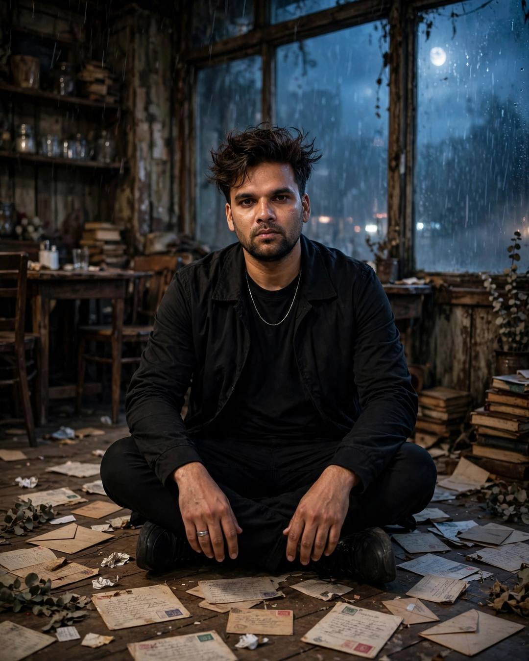 Young Indian man with the creator's face in black streetwear sitting cross-legged among old letters on an old cafe floor, moon through window
