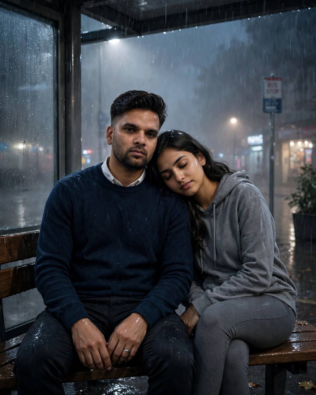 AI portrait of a young couple sitting close on a bus-stop bench at midnight in the rain, woman's head on the man's shoulder, fogged glass around