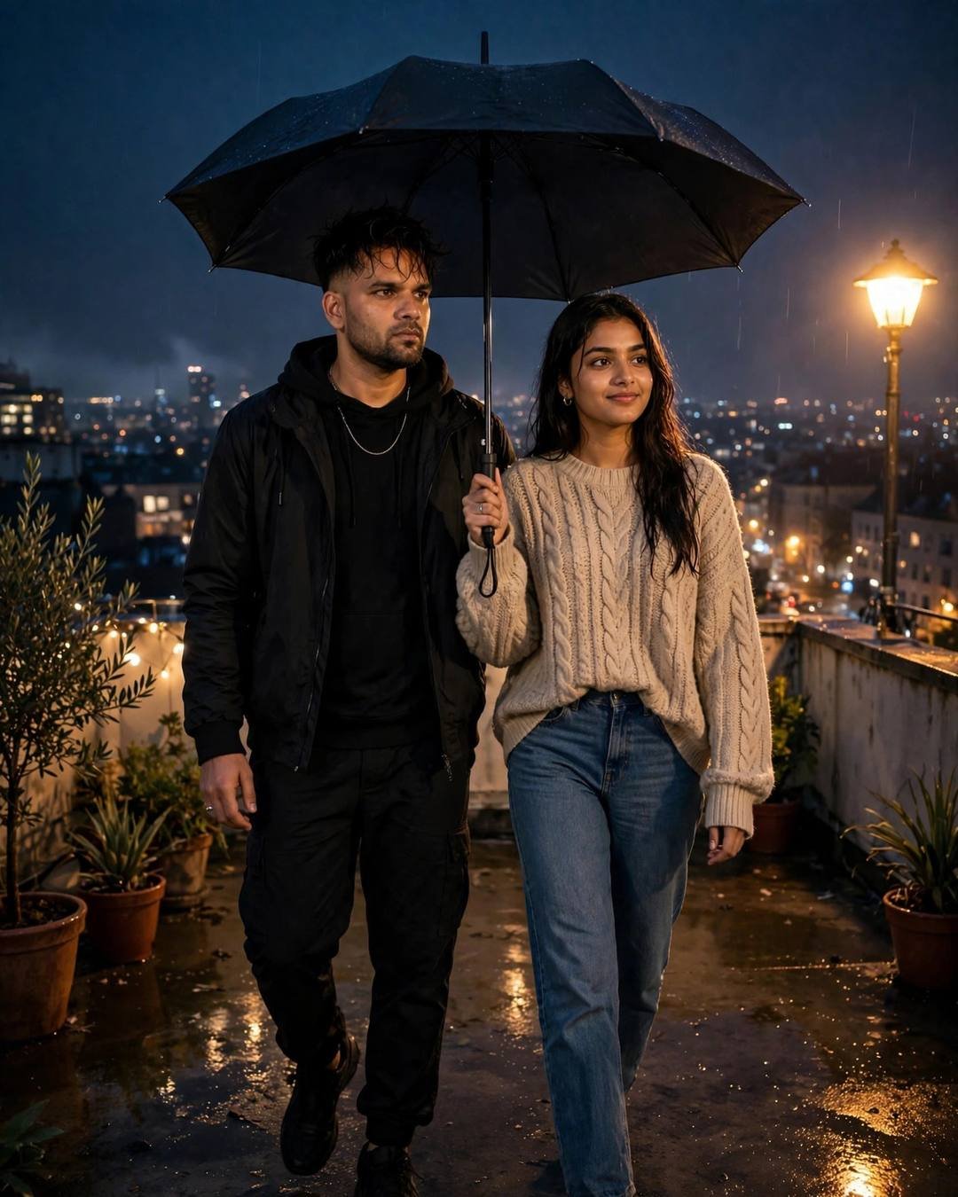 AI portrait of a young couple walking under one umbrella on a rooftop terrace at night, man in black streetwear, woman in a beige sweater, city lights below