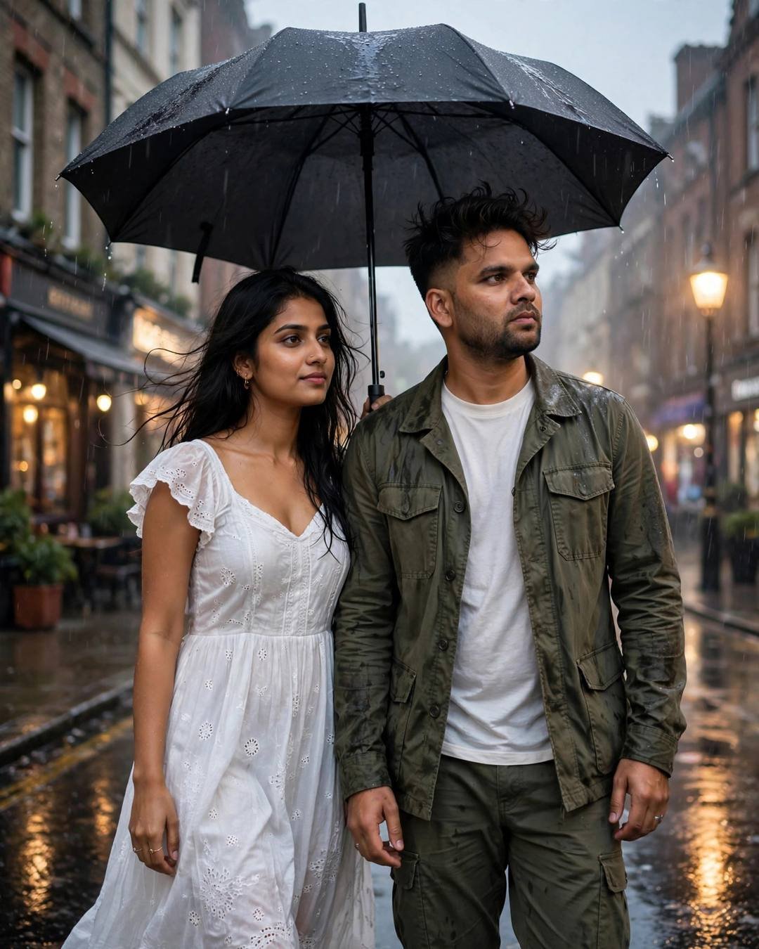 AI portrait of a young couple walking under one umbrella on a rain-soaked city street at dawn, man in an olive field jacket, woman in a white dress