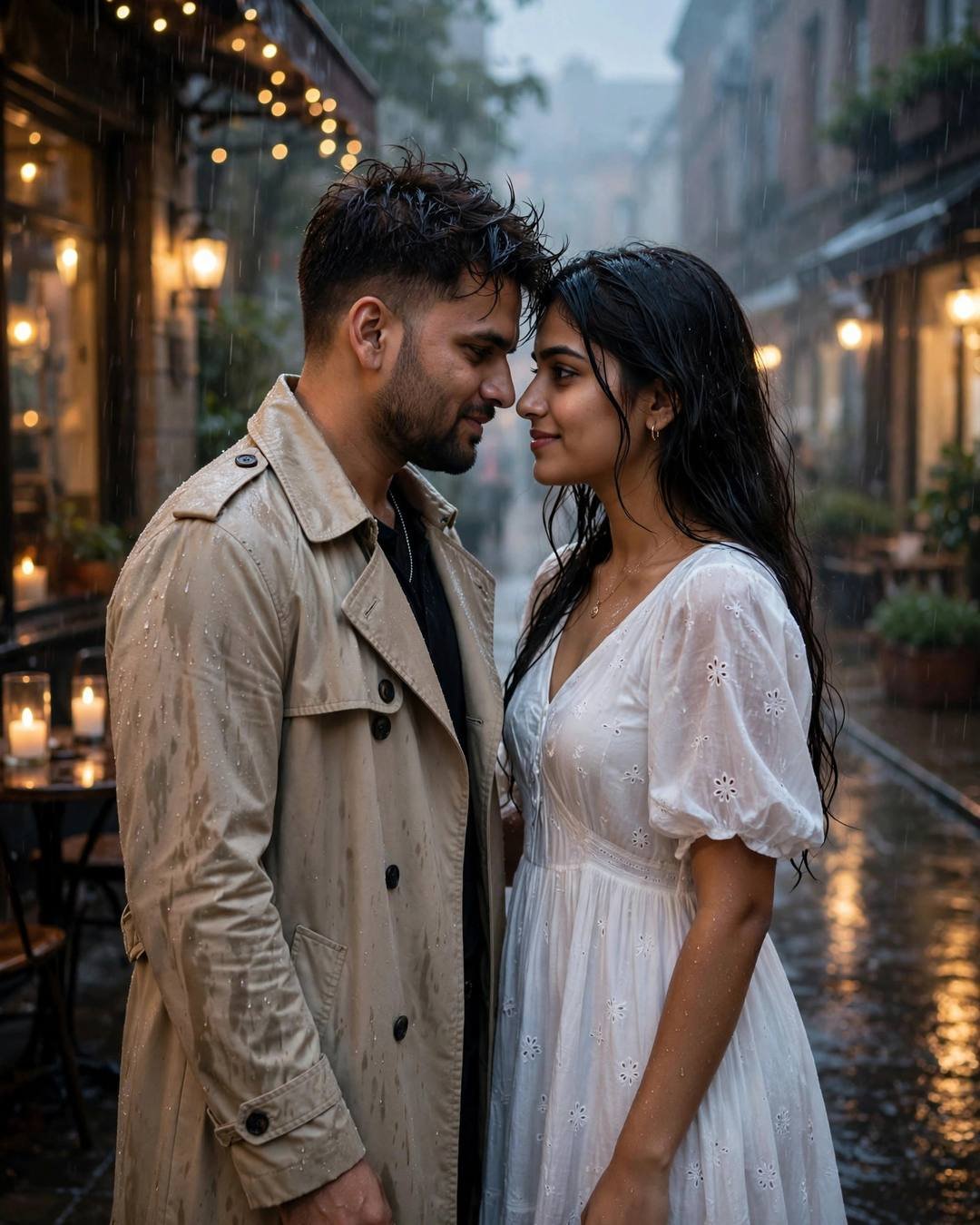 AI portrait of a young couple standing face to face with foreheads almost touching on a rainy café street at dusk, man in a beige trench coat, woman in a white dress