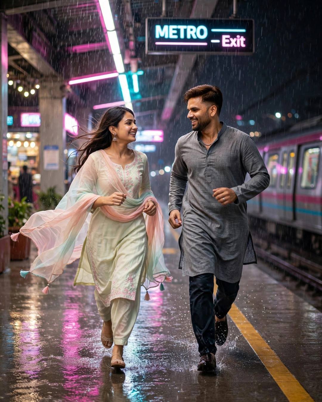 AI portrait of a young couple running toward each other laughing on a neon-lit metro platform at midnight in the rain, man in a grey kurta, woman in a pastel salwar-kameez