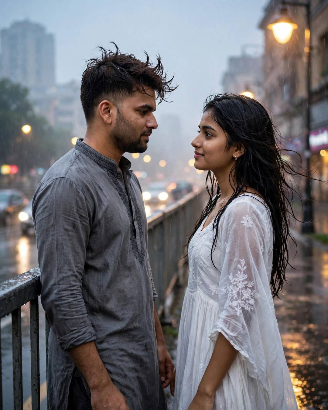 Couple facing each other on a rain-soaked bridge at dawn, man in grey kurta, woman in white embroidered dress