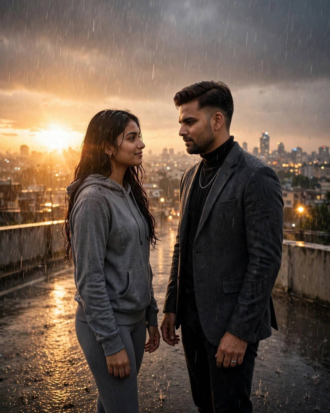 Couple standing in monsoon rain on a rooftop at golden hour, man in charcoal blazer and turtleneck, woman in grey hoodie