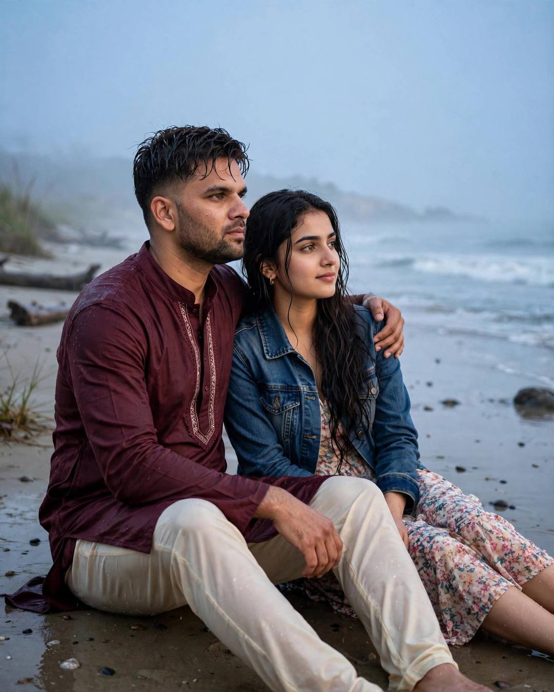 Couple sitting on a deserted beach at dusk, man in maroon kurta with arm around woman in denim jacket and floral dress