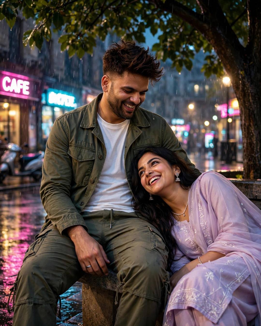 Couple laughing together under a tree at night in the rain, man in olive field jacket, woman in pastel salwar-kameez, neon lights behind