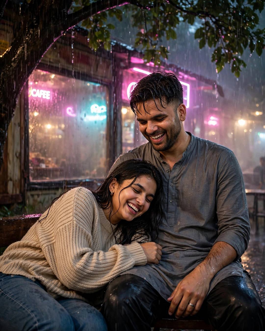 Couple laughing in heavy rain outside an old café at midnight, man in grey kurta, woman in beige sweater and jeans