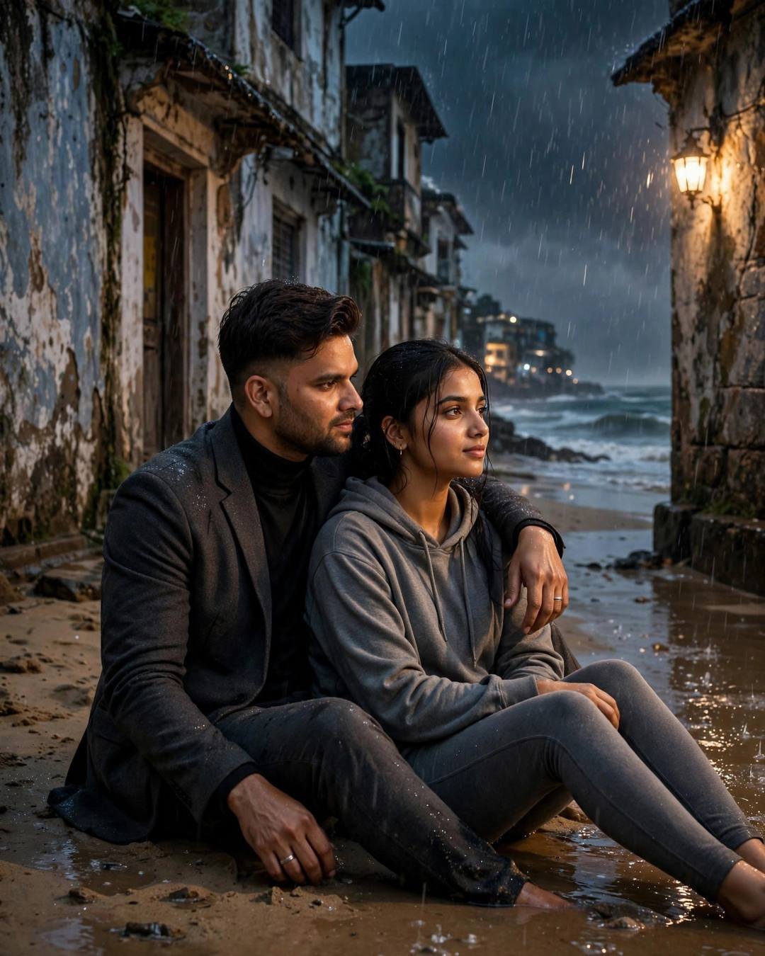 Couple sitting close on wet sand at the mouth of an old lane in monsoon rain, man in charcoal blazer with his arm around a woman in a grey hoodie