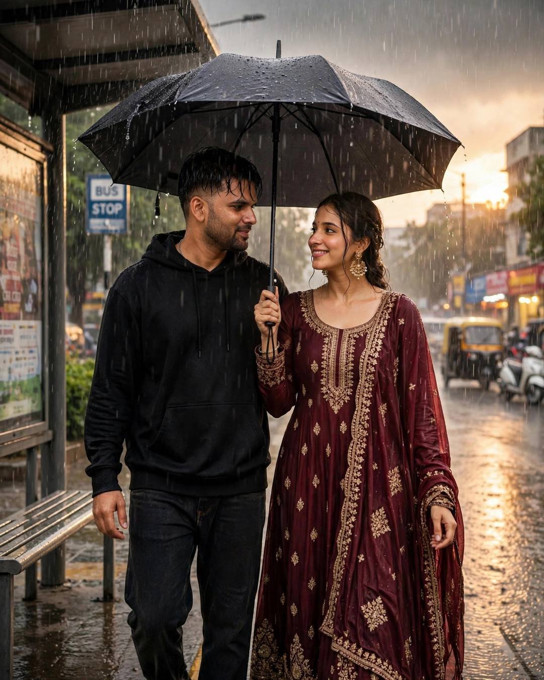 Couple walking under one umbrella at a bus stop in heavy rain at golden hour, man in black hoodie and woman in maroon anarkali with jhumkas, looking at each other