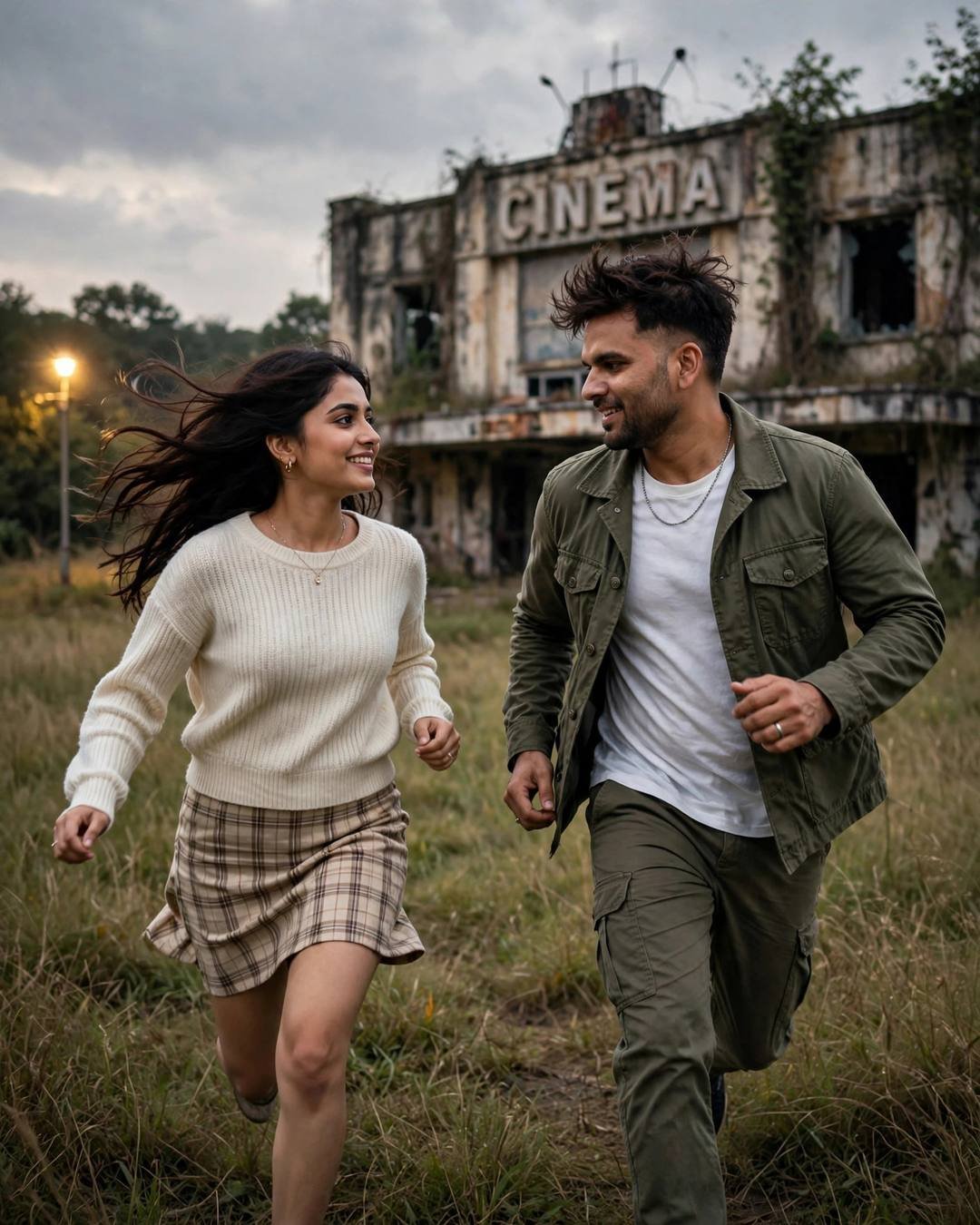 Couple running toward each other across a grassy field at golden hour, man in olive field jacket and woman in cream knit top and plaid skirt, abandoned cinema behind