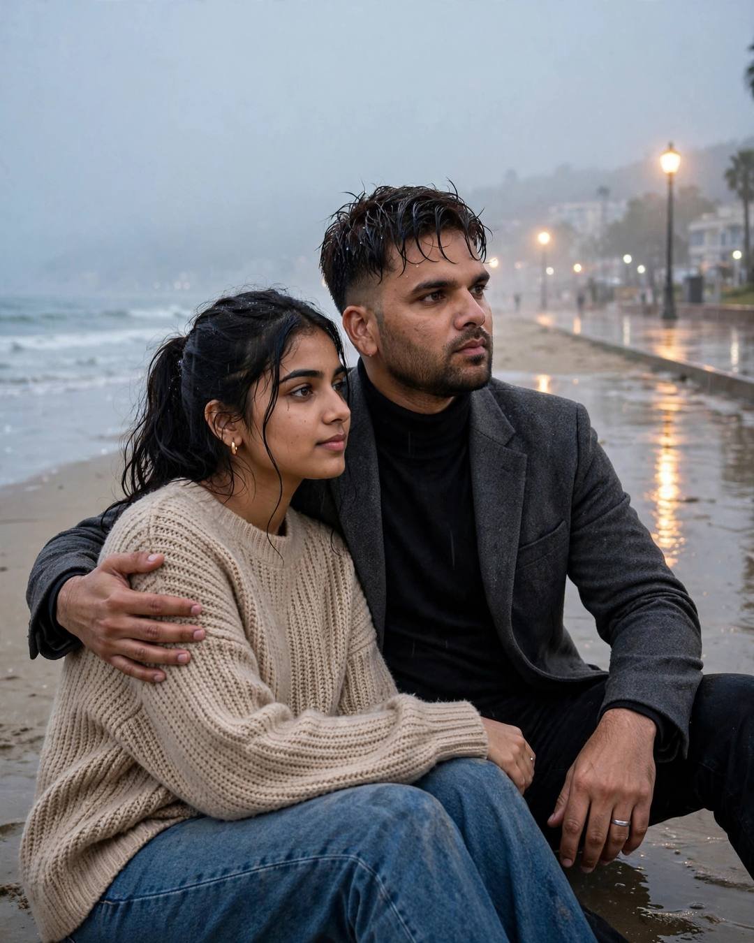 Couple sitting on a beach at dusk after rain, man in charcoal blazer with his arm around a woman in a beige sweater, streetlamps glowing on wet streets behind