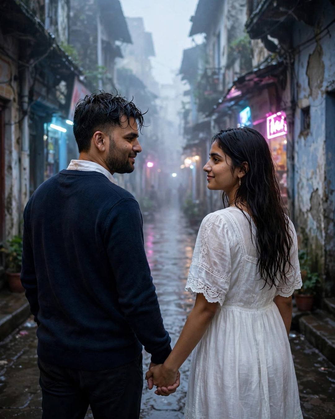 Couple walking hand in hand away from camera down a foggy old-city lane, neon signs glowing pink and cyan through the mist