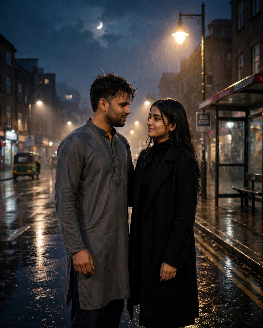 Couple dancing slowly face to face in a rain-wet street at night, man in grey kurta and woman in black turtleneck and coat, streetlamps and bus stop behind