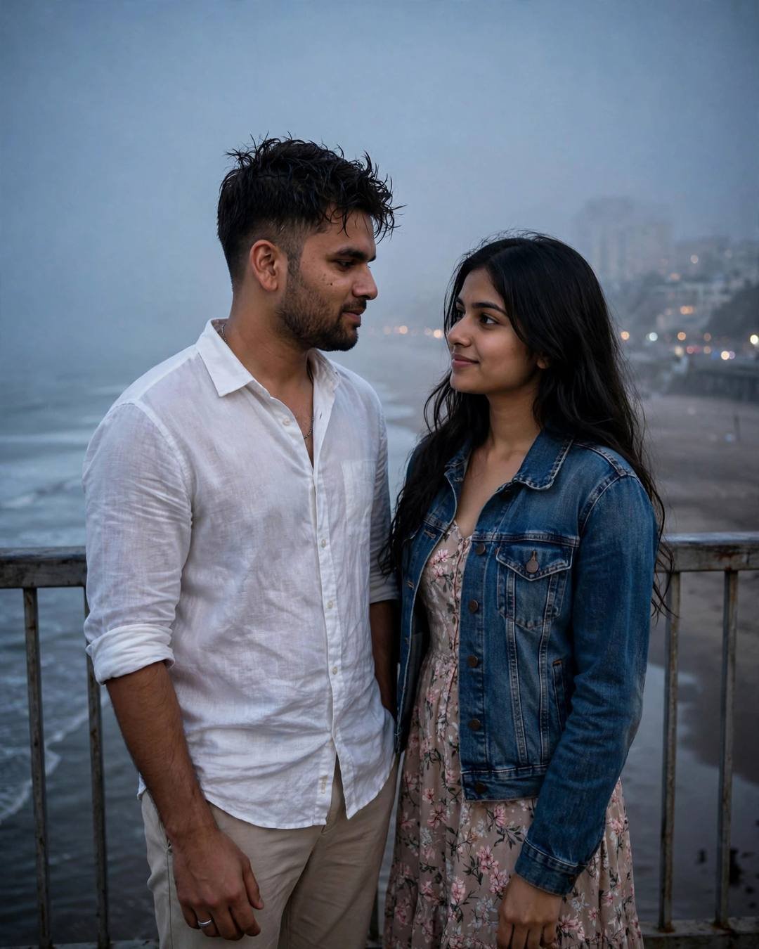 Couple standing face to face on a bridge railing above a foggy beach at dusk, man in white linen shirt and woman in denim jacket over floral dress