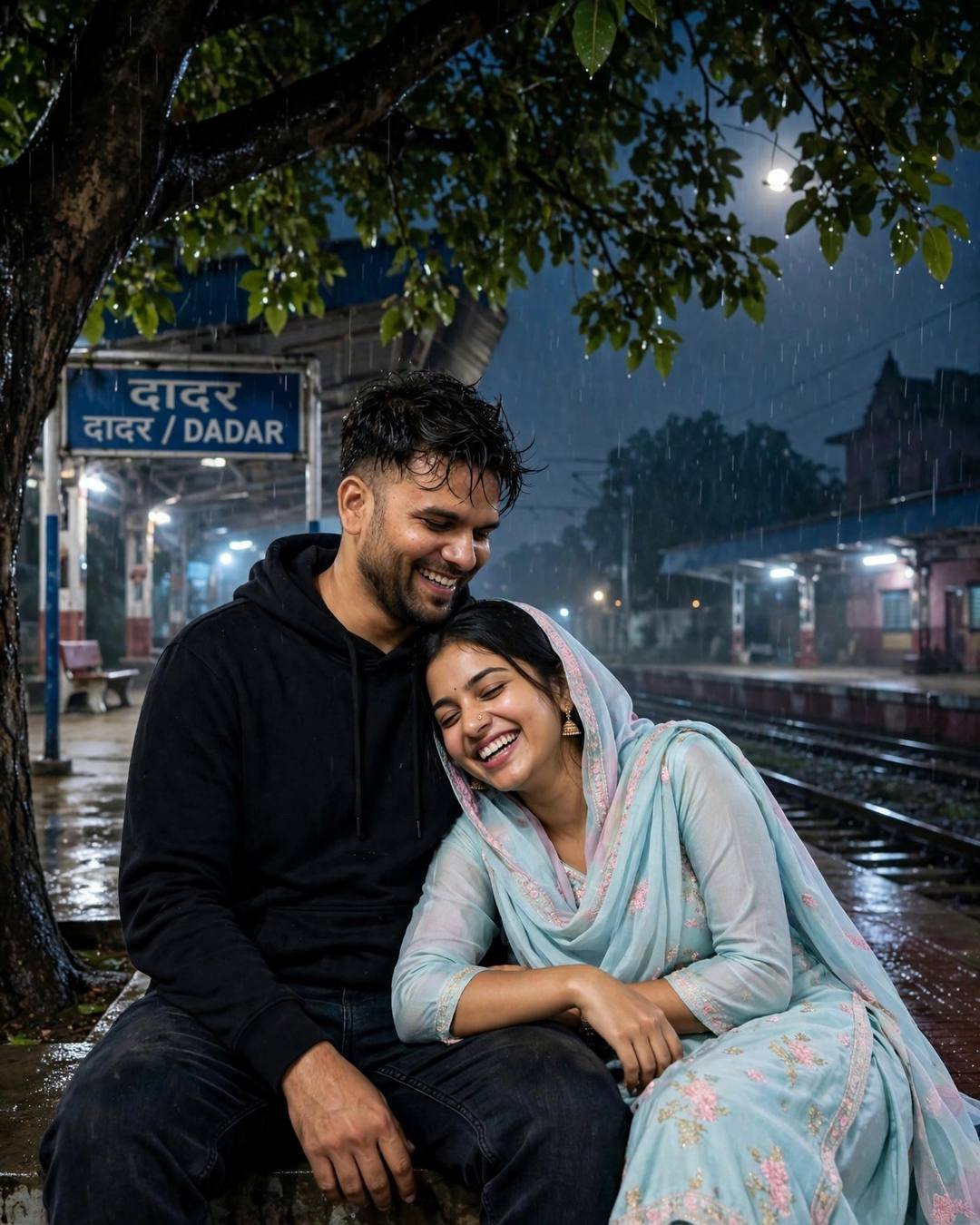 Couple laughing together on an empty railway platform at night, man in black hoodie and woman in pastel salwar-kameez with her head on his shoulder