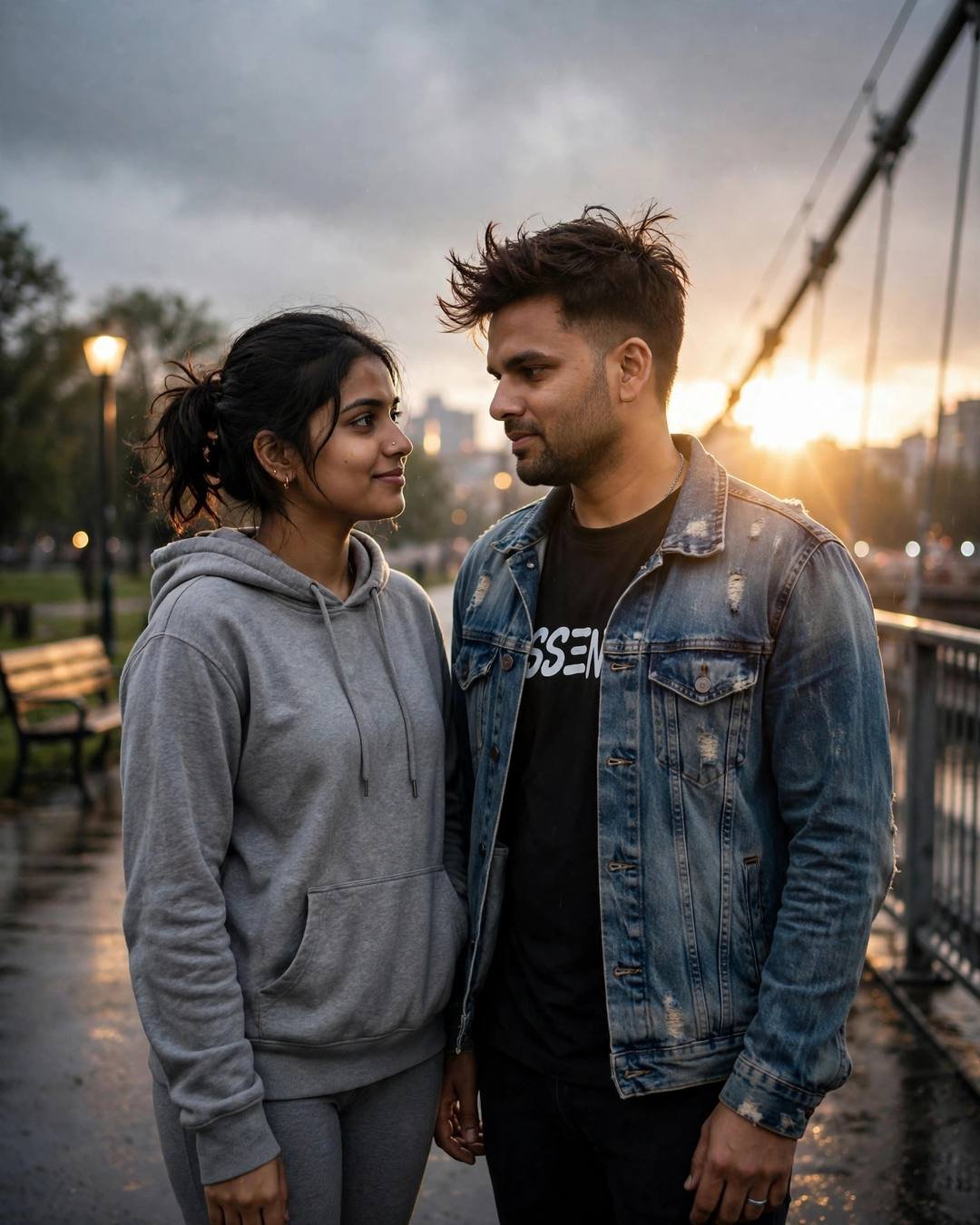 Couple facing each other on a bridge at golden hour, man in distressed denim jacket, woman in grey hoodie, lens flare
