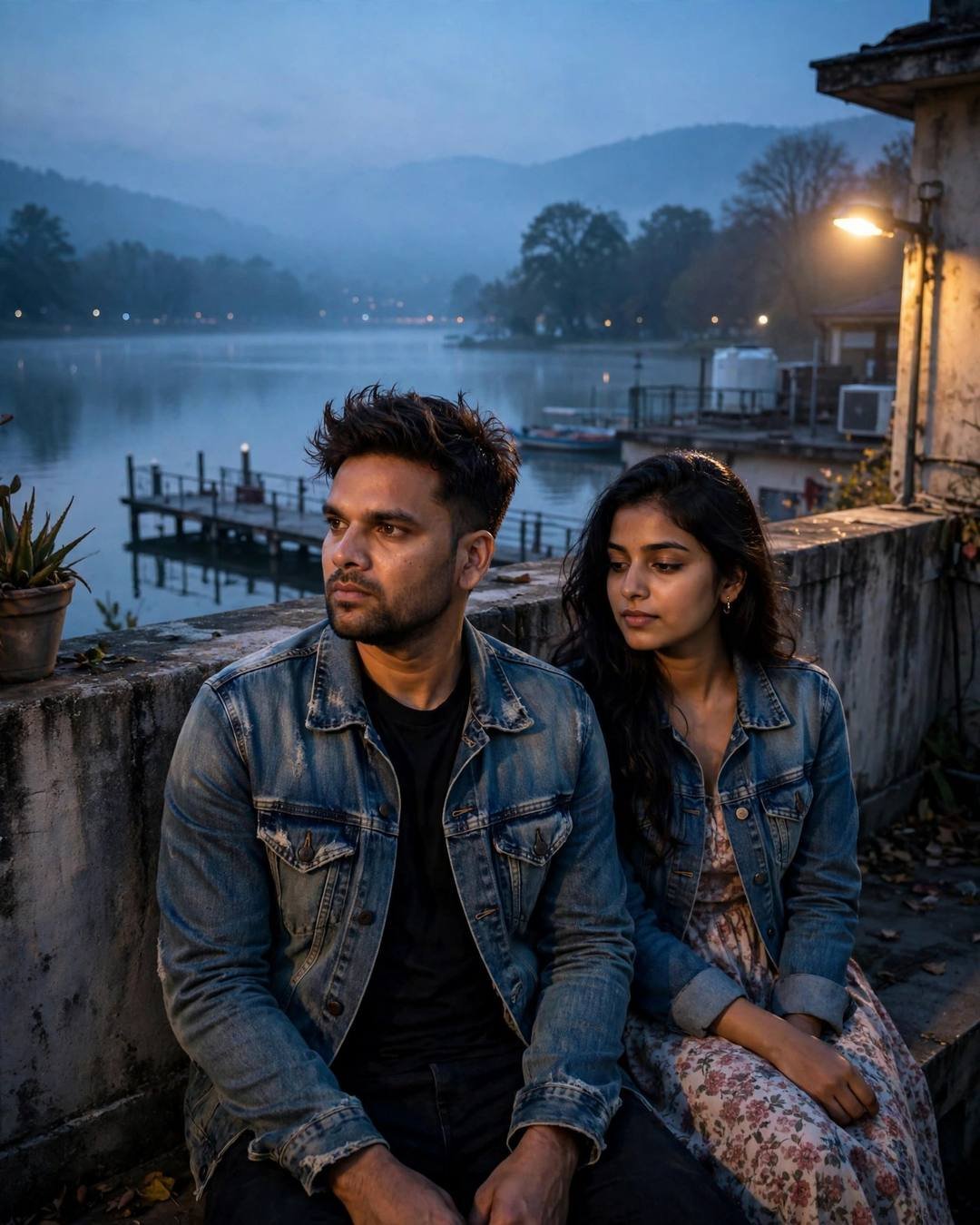 Couple sitting by a quiet lake at blue hour, both in denim jackets, warm lamp glowing, mist over the water
