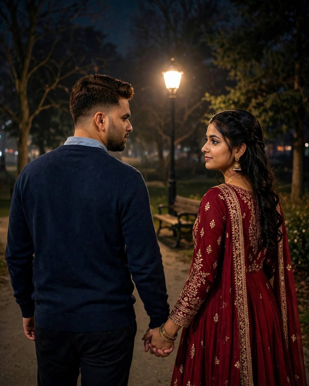 Couple holding hands walking away at night in a park, man in navy sweater, woman in maroon embroidered anarkali with jhumkas, lamp glowing