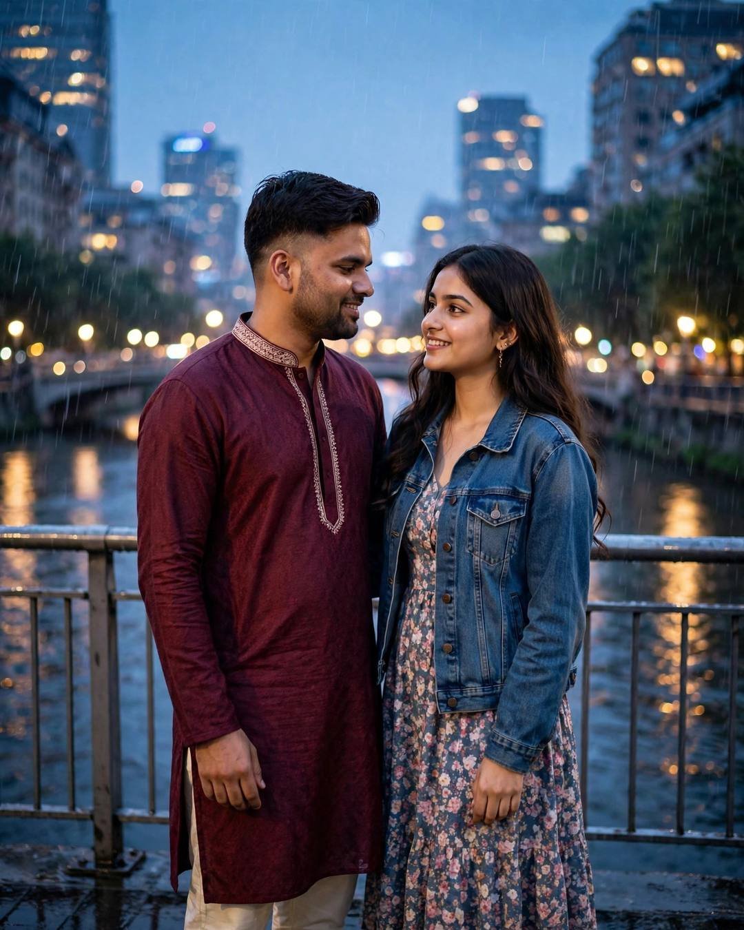 Couple smiling at each other on a bridge over a river at blue hour, man in maroon kurta, woman in denim jacket over floral dress, drizzle