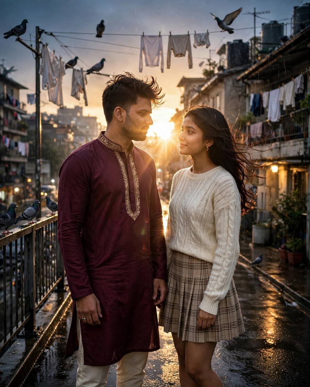 Couple facing each other on a rooftop terrace at golden hour, man in maroon kurta, woman in cream knit top and plaid skirt, pigeons and clothes lines