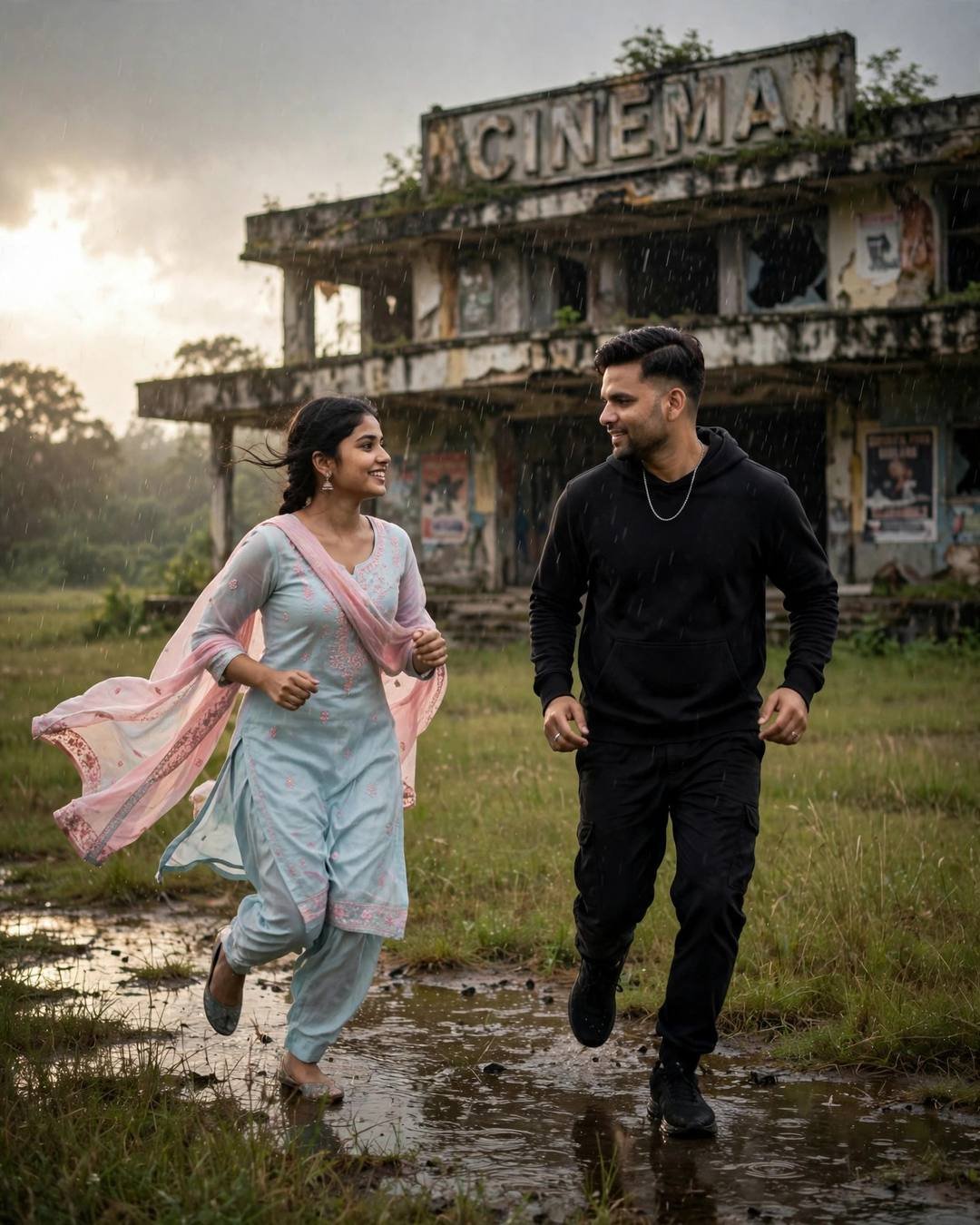 Young Indian man with the creator's face in black streetwear and an AI-imagined woman in pastel salwar-kameez running toward each other in rain