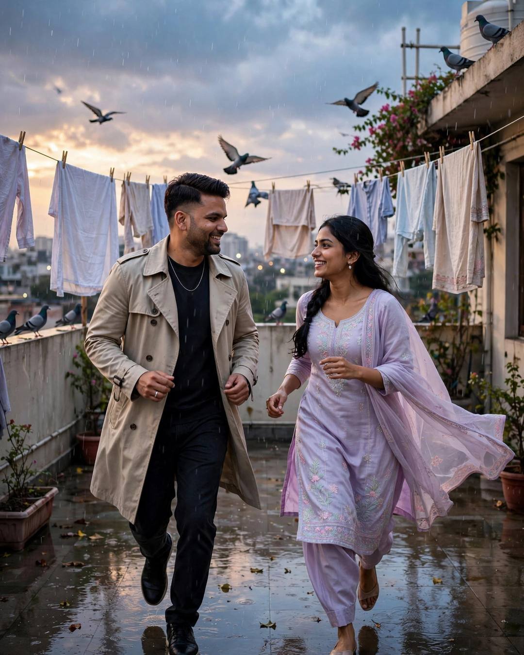 Young Indian man with the creator's face in a beige trench coat and an AI-imagined woman in pastel salwar-kameez running toward each other on a rainy terrace